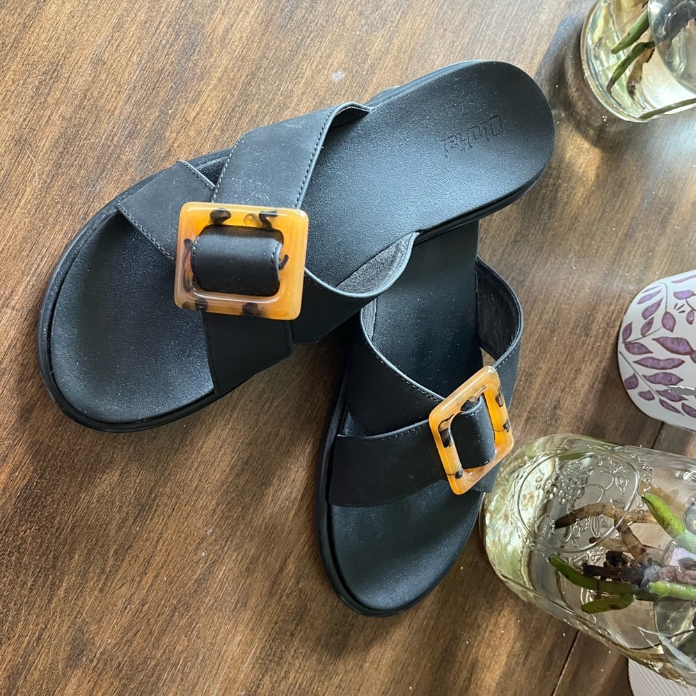 OluKai Black Sandals with Bold Tortoise Buckle